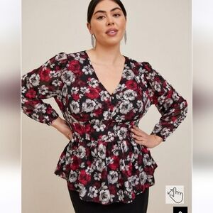TORRID Peplum Chiffon Clip Floral Blouson Sleeve Top